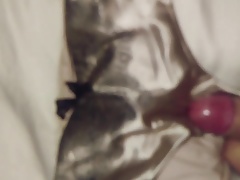 Cum on her gold satin knickers
