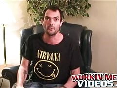 Hairy stud strips during interview and tugs on his hard dick