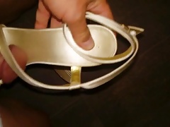 Neighbour's highheel Gold Satin Dress Sandal fucked & cummed
