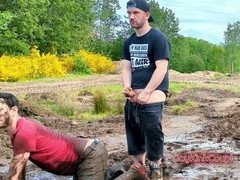 Nasty studs enjoy amateur gay public golden shower fuck fest