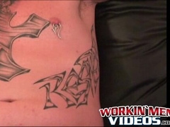 Bald stud with nipple piercings strokes his hard fat dick