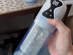 Sex toy review: shooting my thick load in a blowjob  simulator with suction and rotation on my uncut cok