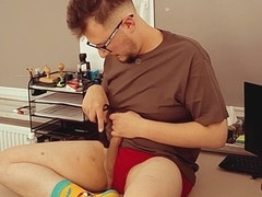 Slow desk romp with vibrator teasing, flesh-hole riding, and a cum-soaked shirt