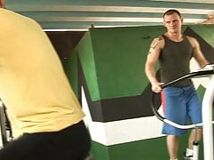 Gay muscular man fucks boyfriend in the ass afterwards they splash each other