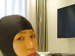 Japanese crossdresses masturbate wearing open face zentai
