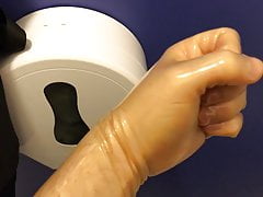 JACK OFF and CUMMING with LATEX GLOVES at the public toilet