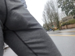 Rainy run in latex. See parent freeballing and flashing off my bulbous dickprint in the rain