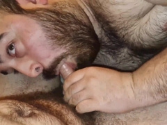 Unshaved ginormous dudes deep-throat each other's pricks and jizz on their faces (Brief Vid)