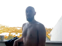 Night time balcony wank