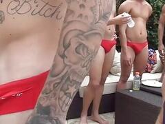 Silver Daddy gets bukake from the swim team outdoors by the pool