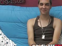 Adorable lad strips his clothes after interview and strokes