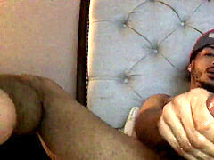 steaming dark-hued US guy stroking his big cock and cum