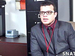 hairy men screwing this geeks bulls eye in the office afte work