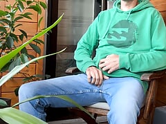 Sitting on my balcony and jerk my huge dick and shot my load