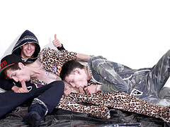 Skinny boys mix naughty anal moments in a pyjamas threesome
