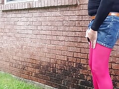 Cd. Taking an outdoors rain shower in nylon pantyhose, leotard and miniskirt.