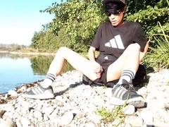 Jon Arteen Wanks Outdoor On A Pebbles Beach, The Sexy Twink Wearing Short Shorts Cums On His Thigh, And Cumplay 7 Min