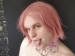 Pink Sissy Boy Bitch rides dildo