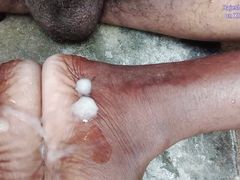 Rajesh Playboy 993 masturbating cock in the bathroom, sitting, seated, showing feet, foot and cumming on the feet, foot, cumshot