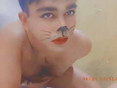 Femboy masturbates in cat face makeup