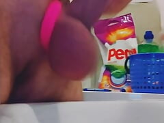 Cum powerfully in the bathroom. Big balls.