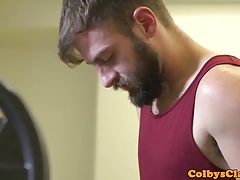 Throated gym jock assfucked while jerking off