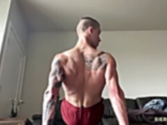 tugging off after demonstrating some muscles
