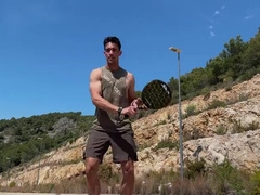 Sport boy teaching padel bare outdoor