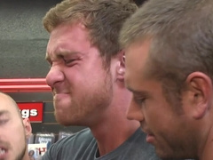 Guy gets power-fucked by big dicks in a public gangbang