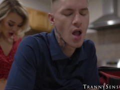 Dominant transsexual Emma Rose topped hung stud Zac Bishop in different positions