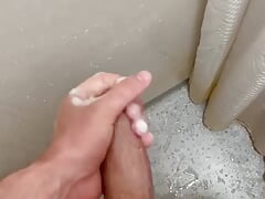 In the hostel shower, rubbing my big white cock
