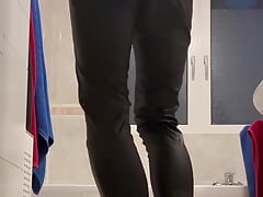 Sissy in black leggings teases herself