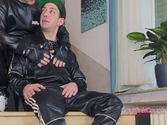 Raw gay breeding session in leather with amateur cum inside action