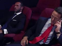 Hunks in suits strip for anal sex at the cinema