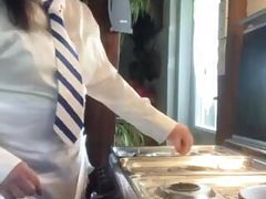 As a schoolboy with his shorts open in front and behind and feminized
