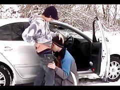 Twinks blow job in the snow, then come inside for bareback