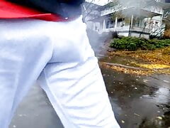 Freeballing and Bulging in public showing off my big cock in white sweatpants on a rainy day