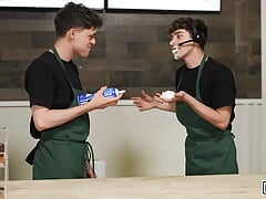 Slutty Barista Joey Mills Rides Brogan's Hard Dick Till He Cums And Takes A Hot Cream In His Mouth - MEN