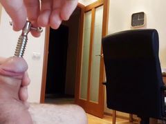 Penis tuner hollow screw urethral plug insertion and a cumshot through