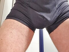 Master Ramon pisses in his horny tight silk shorts and massages his divine cock properly, very horny and hot