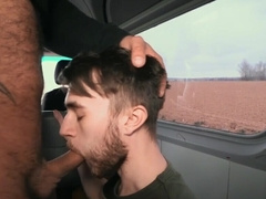 Hitchhiker with a sexy beard deepthroats dick in public
