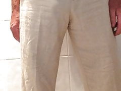 Peeing in silky boxers and light summer pants