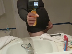 Meaty stomach stud in latex t-shirt tugging off infront of mirror jizzing on the floor