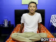 Asian twink strips naked & masturbates after an interview