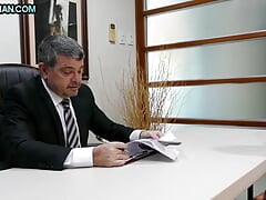 Mature business DILF fucks skinny Asian twink in office