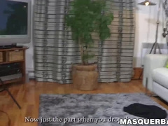 Young jock with muscular physique solo action while masked
