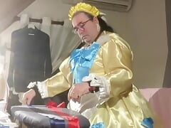 In outfit with my new maid dress made in couture for a day and to iron and fold the ribbons