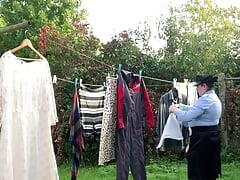 In police uniform to pick up laundry