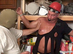 Mature handyman corded gagged unclothed and milked off in the garage.