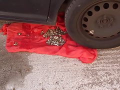 crushing  on red dress 4 under car tyres